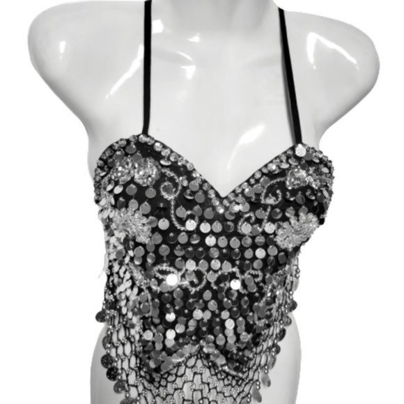 Black Sequin Halter Crop Top Silver Sequin Backless Belly Dancing Tops NEW - Picture 3 of 11